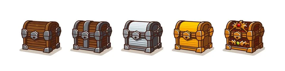 Treasure chests, trunks, boxes gui elements set Illustrazione stock