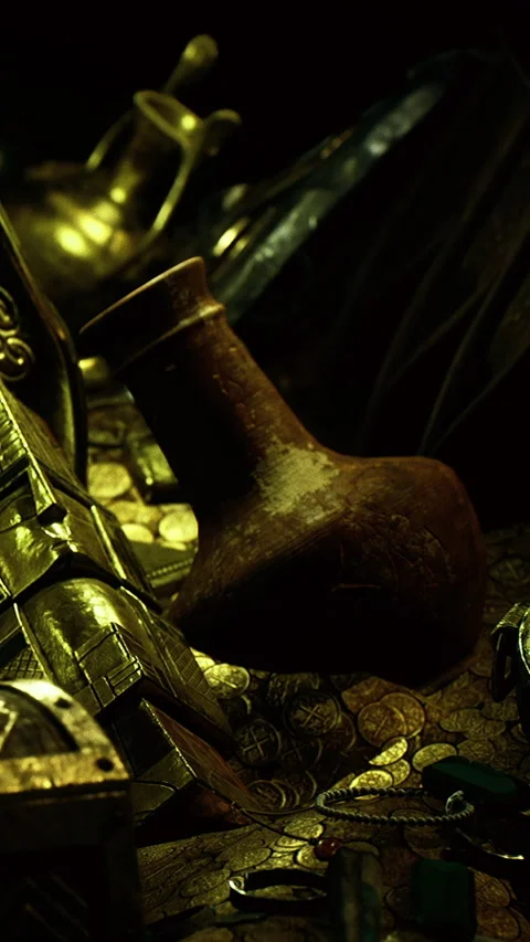 Treasure collecting and exploration in a dark cave with metal artifacts Video stock 334248375