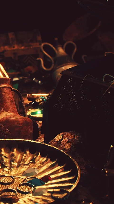 Treasure collection displayed on a dark surface with various objects Stock Footage 347046885