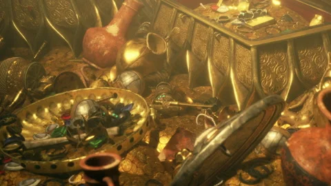 Treasure collection with various artifacts and gold coins on display Stock Footage 348495075