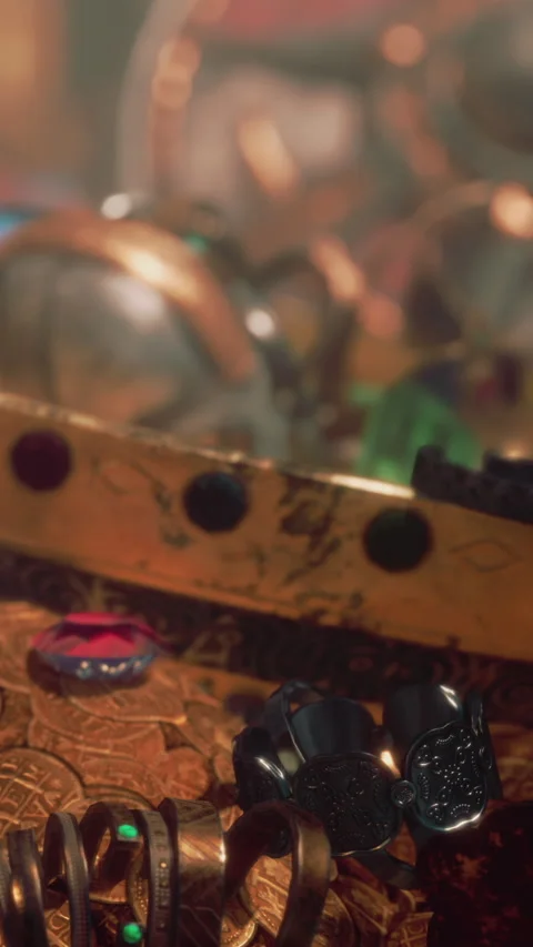 Treasure found in an old chest filled with coins and jewelry pieces Stock Footage 337950383