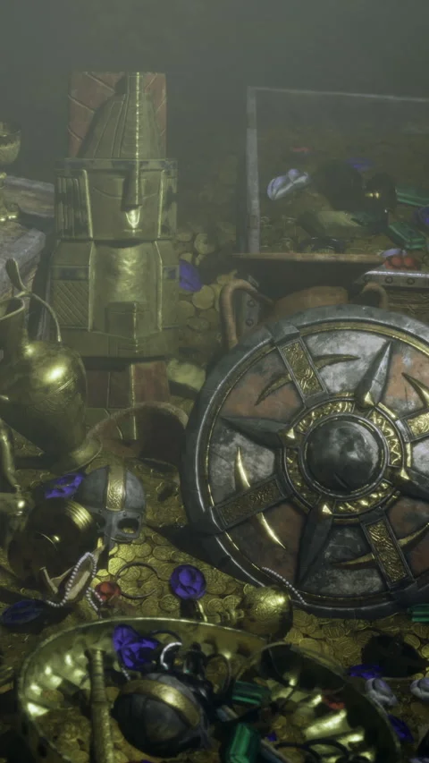 Treasure found in a sunken ship at the bottom of the ocean with gold items Stock Footage 332205724