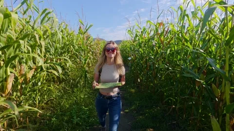 Treasure Hunt Concept with Maze Labyrinth Course. Girl walking Stock Footage 318638242