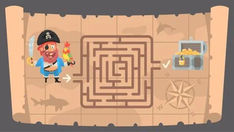Treasure map and conundrum labyrinth Stock Illustration