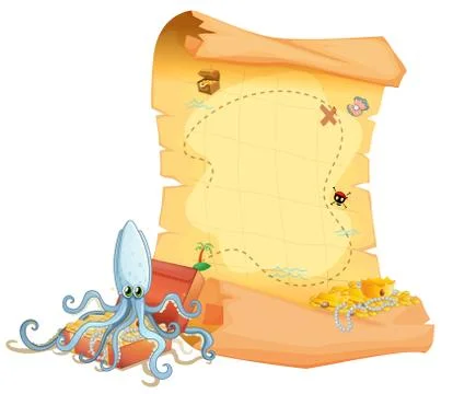 A treasure map and an octopus above the treasure box Ilustração Stock
