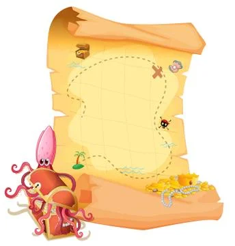 A treasure map and an octopus inside the treasure box 스톡 일러스트