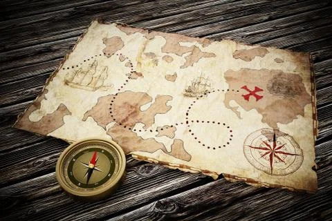 Treasure map and vintage compass standing on old wood table. 3D illustration Stock Illustration