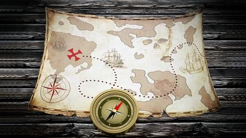 Treasure map and vintage compass standing on old wood table. 3D illustration Stock Illustration