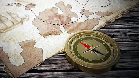 Treasure map and vintage compass standing on old wood table. 3D illustration Stock Illustration