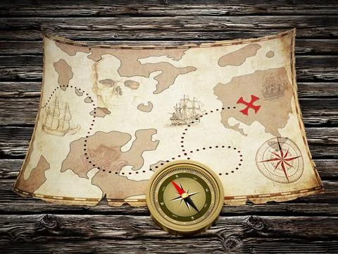 Treasure map and vintage compass standing on old wood table. 3D illustrati... Stock Photos
