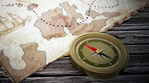 Treasure map and vintage compass standing on old wood table. 3D illustrati... Stock Photos
