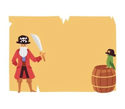 Treasure map background with old pirate and parrot, flat vector illustration. Stock Illustration