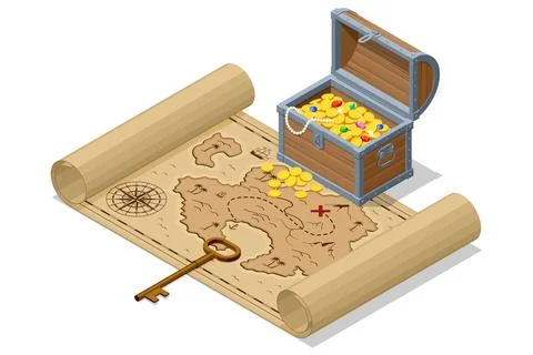 Treasure map. Isometric illustration showcasing a rolled-out treasure map with イラスト素材