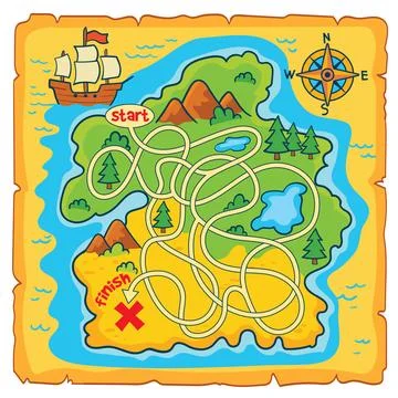 Treasure map maze for kids. Trace the correct path from start to the X Stock Illustration