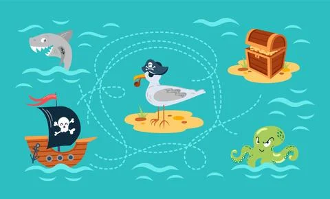 Treasure map. Pirate ship, octopus, seagull and shark. Chest with doubloons Stock Illustration