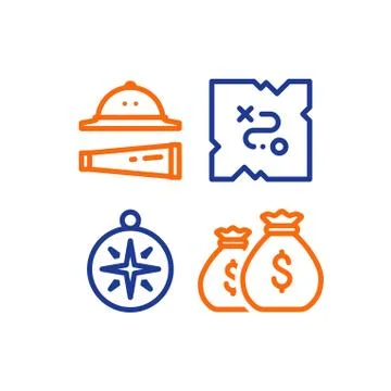 Treasure map, quest items, team action game, adventure concept, line icons Stock Illustration
