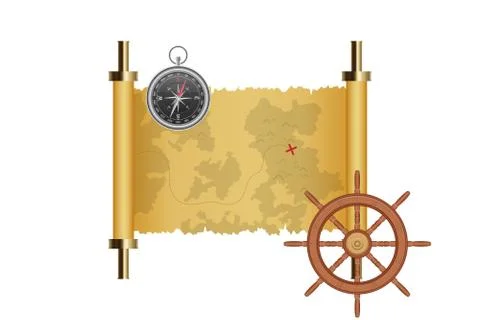 Treasure map, ship wheel and magnetic compass vector illustration Stock Illustration