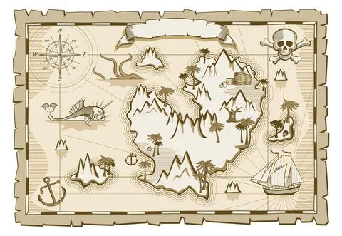 Treasure map template. Aged paper with pirate island イラスト素材
