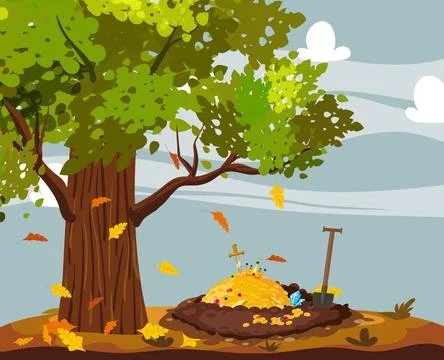 Treasure pile under oak tree, full of treasures, gold coins, Digging Hole in the Stock Illustration