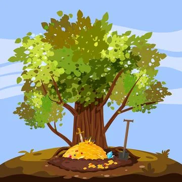 Treasure pile under oak tree, full of treasures, gold coins, Digging Hole in the Stock Illustration