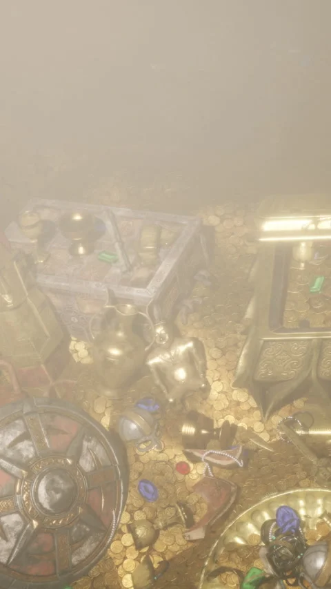 Treasure scattered across a dark cave with gold coins and artifacts Stock Footage 337970921