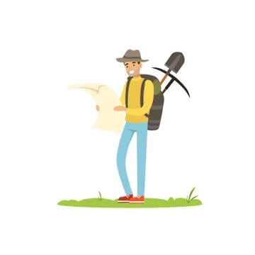 Treasure seeker with map and tools for digging, looking for treasure Illustrazione stock