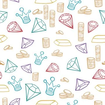 Treasure Sketch Vector Pattern with Coins Crowns and Gems Stock Illustration