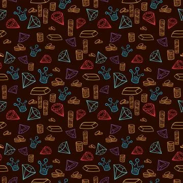 Treasure Sketch Vector Pattern with Coins Crowns and Gems Illustrazione stock