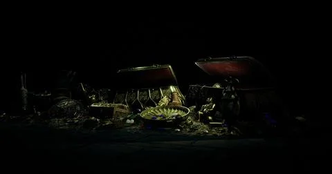 Treasure trove with ancient artifacts and gold in dark setting Stock Illustration