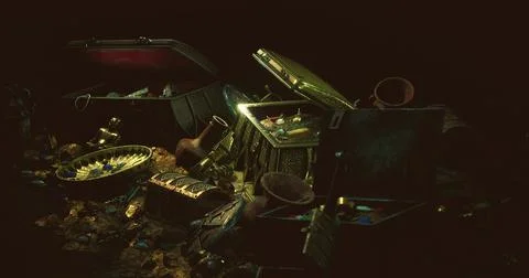 Treasure trove with ancient artifacts and jewels in a dark setting Illustration
