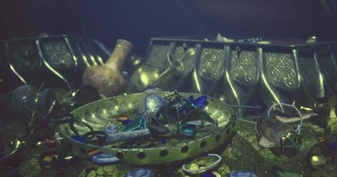 Treasure trove discovered deep underwater with various ancient artifacts Illustration