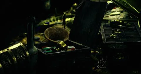 Treasure trove filled with ancient artifacts and mysterious items discovered Stock Illustration