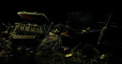 Treasure trove filled with ancient artifacts and gold coins in dim light Stock Illustration