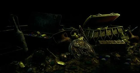 Treasure trove filled with ancient artifacts and gold coins in dark setting Stock Illustration