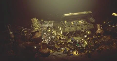Treasure trove filled with ancient artifacts and golden objects in dim light Illustrazione stock