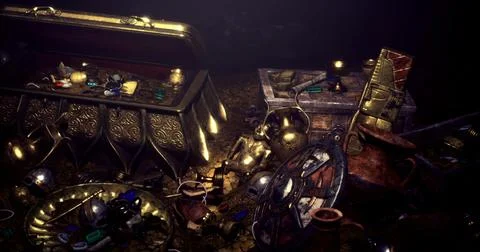 Treasure trove filled with ancient artifacts and gleaming gems in a dark cave Illustration