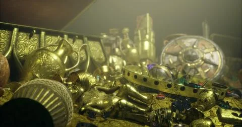 Treasure trove filled with ancient gold artifacts illuminated by soft light Stock Illustration