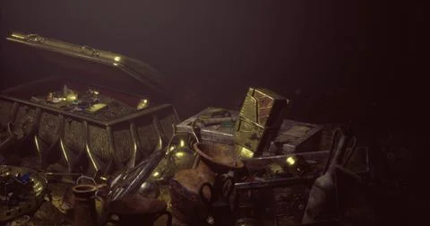 Treasure trove filled with artifacts and gold in a dimly lit setting Stock Illustration