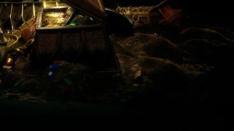 Treasure Trove Luminous in Shadows With Golden Coins and Jewels Stock Footage 346687984