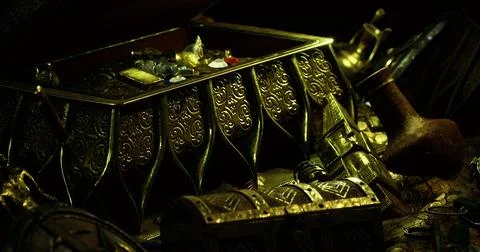Treasured chest overflowing with ancient artifacts and glittering gems Illustration