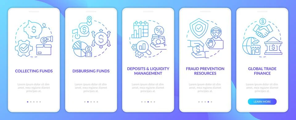 Treasury management services blue gradient onboarding mobile app screen Illustrazione stock