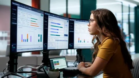 Treasury Manager Carefully Monitors Foreign Exchange Risks Using Touchscreen  Stock Photos