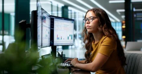 Treasury Manager Carefully Monitors Foreign Exchange Risk On Touchscreen Dash Stock Photos