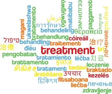 Treatment multilanguage wordcloud background concept Stock Illustration
