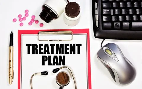 Treatment plan. A text label in the planning folder. Stock Photos