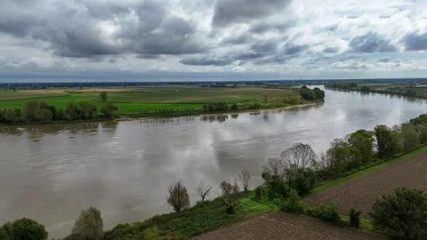 Trebbia river confluence with Po River near Borgotrebbia, Piacenza, Emilia .. Stock Photos