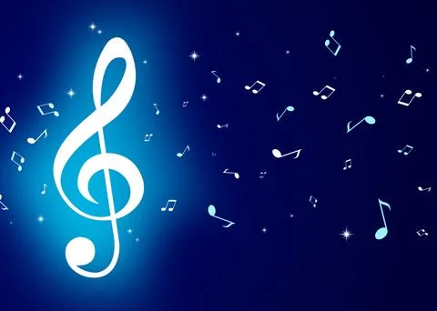 Treble clef and music notes flying among stars on bright blue background. B.. Illustrazione stock