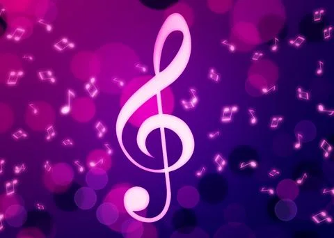 Treble clef and music notes flying on pink and purple background, bokeh eff.. イラスト素材