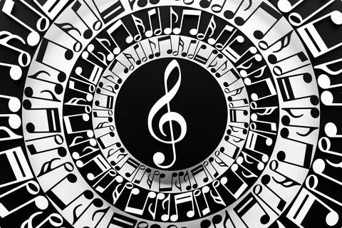Treble clef in a circle of musical notes on a white background. Design. 3D il Illustrazione stock