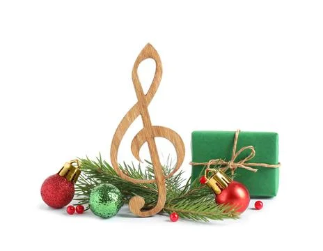 Treble clef with decorations isolated on white. Christmas music concept Stock Photos